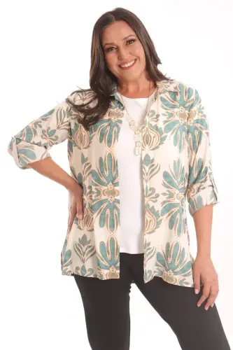 Trend42plus Plus Size Ethnic Patterned Green Shirt Blouse Two Piece Set - 3