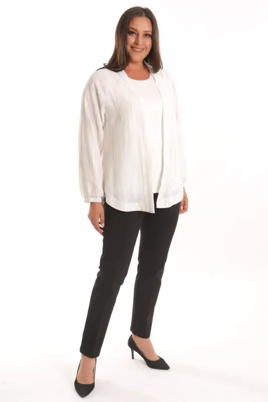 Trend42plus Plus Size Fabric Striped Elastic Sleeves Oversize Ecru Jacket - 1