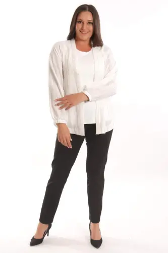 Trend42plus Plus Size Fabric Striped Elastic Sleeves Oversize Ecru Jacket - 3