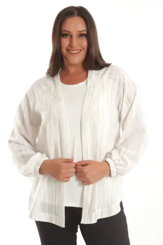 Trend42plus Plus Size Fabric Striped Elastic Sleeves Oversize Ecru Jacket - 4