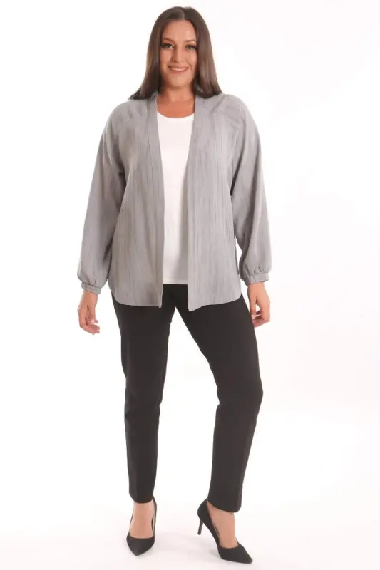 Trend42plus Plus Size Fabric Striped Sleeves Elastic Hem Oversize Gray Jacket - 1
