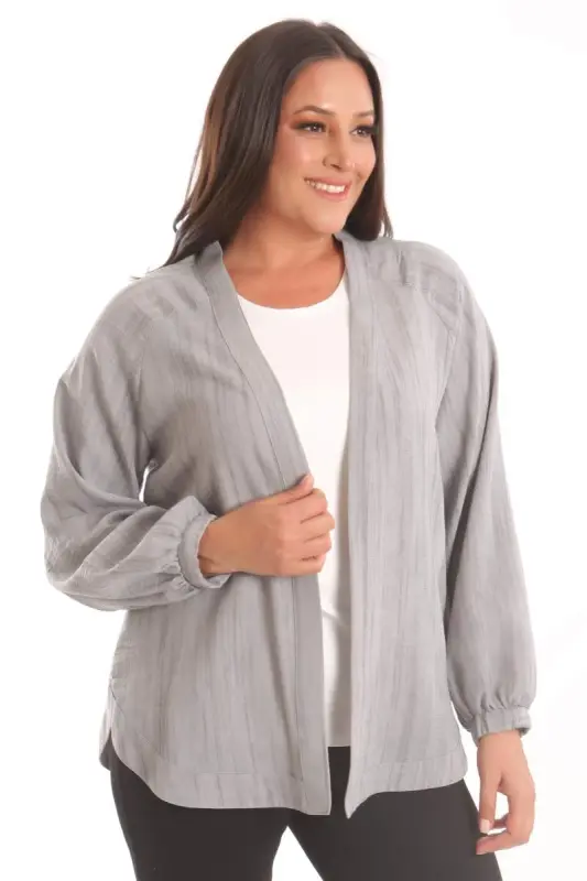 Trend42plus Plus Size Fabric Striped Sleeves Elastic Hem Oversize Gray Jacket - 2