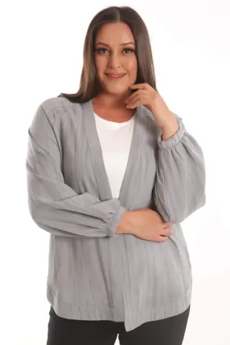 Trend42plus Plus Size Fabric Striped Sleeves Elastic Hem Oversize Gray Jacket - 4