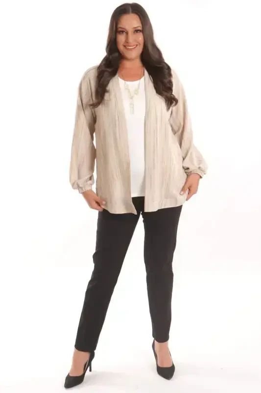 Trend42plus Plus Size Fabric Striped Sleeves Elasticated Oversize Beige Jacket - BÜYÜKBEDENIZ