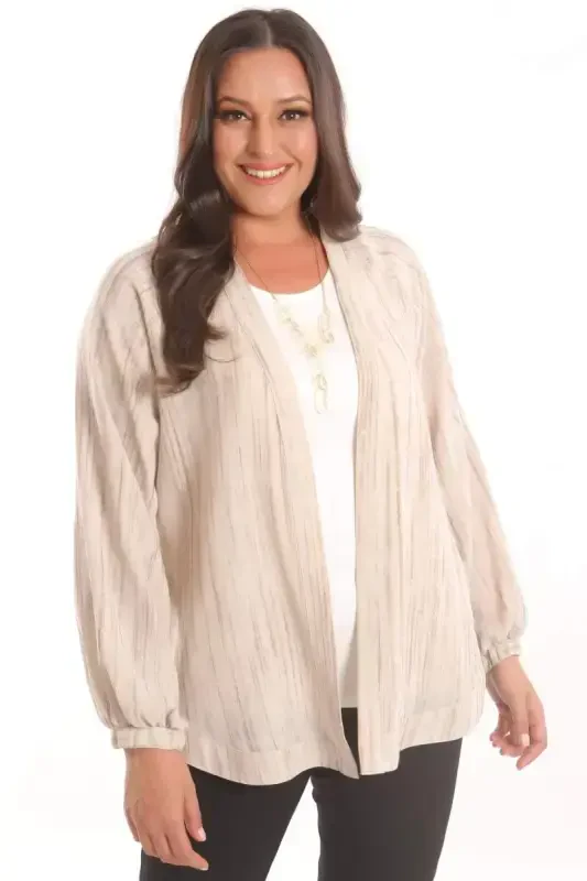 Trend42plus Plus Size Fabric Striped Sleeves Elasticated Oversize Beige Jacket - 2