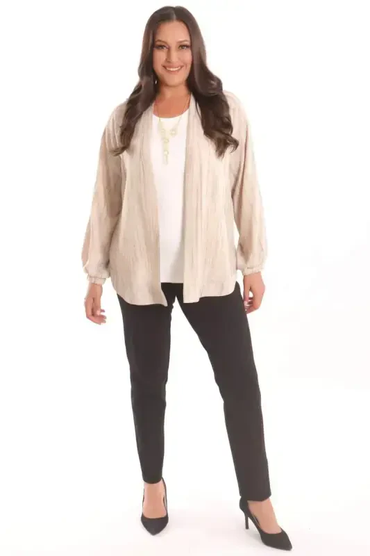 Trend42plus Plus Size Fabric Striped Sleeves Elasticated Oversize Beige Jacket - 3