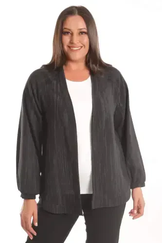 Trend42plus Plus Size Fabric Striped Sleeves Elasticated Oversize Black Jacket - BÜYÜKBEDENIZ (1)