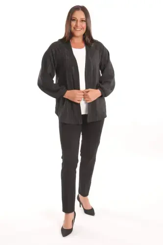 Trend42plus Plus Size Fabric Striped Sleeves Elasticated Oversize Black Jacket - 3