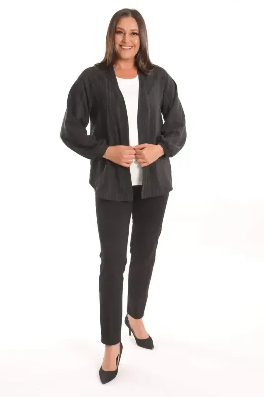 Trend42plus Plus Size Fabric Striped Sleeves Elasticated Oversize Black Jacket - 3