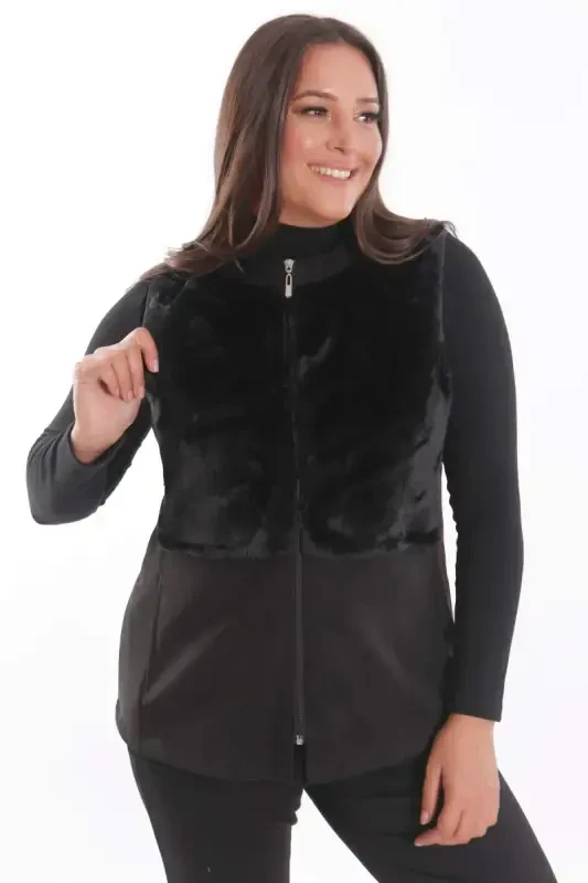 Trend42plus Plus Size Faux Fur Detail Zippered Black Vest - BÜYÜKBEDENIZ