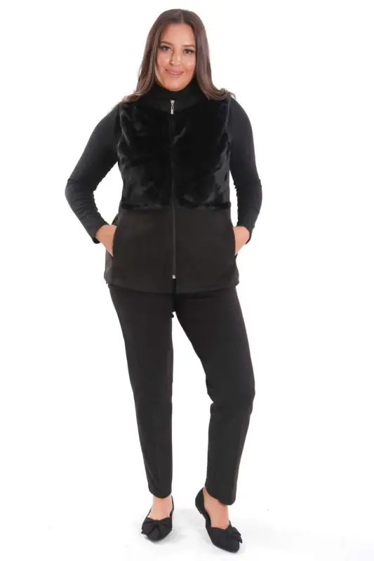 Trend42plus Plus Size Faux Fur Detail Zippered Black Vest - 2