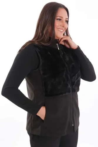 Trend42plus Plus Size Faux Fur Detail Zippered Black Vest - 3