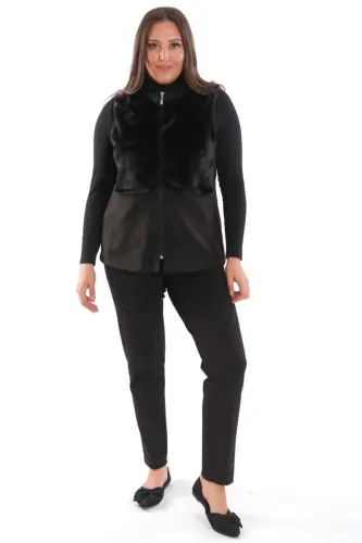 Trend42plus Plus Size Faux Fur Detail Zippered Black Vest - 4