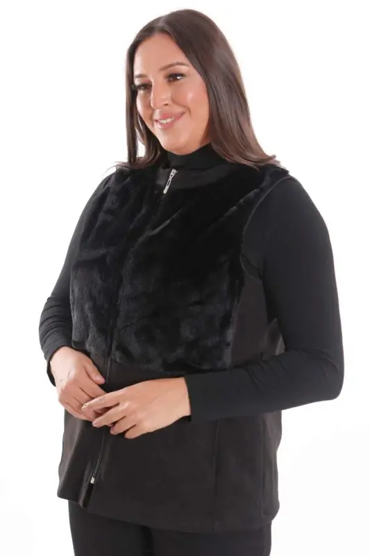 Trend42plus Plus Size Faux Fur Detail Zippered Black Vest - 5