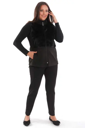 Trend42plus Plus Size Faux Fur Detail Zippered Black Vest - 6