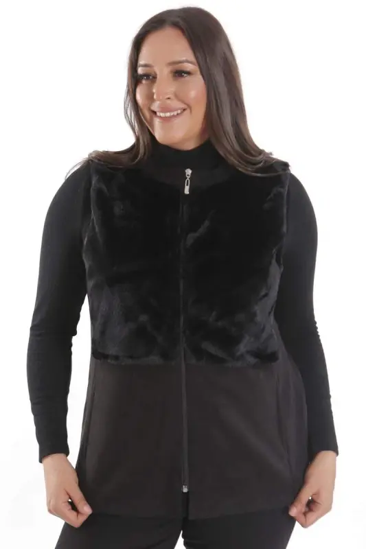 Trend42plus Plus Size Faux Fur Detail Zippered Black Vest - 7