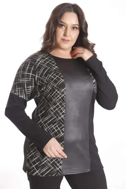 Trend42plus Plus Size Faux Leather Detailed Black Blouse - BÜYÜKBEDENIZ