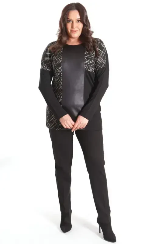 Trend42plus Plus Size Faux Leather Detailed Black Blouse - 2