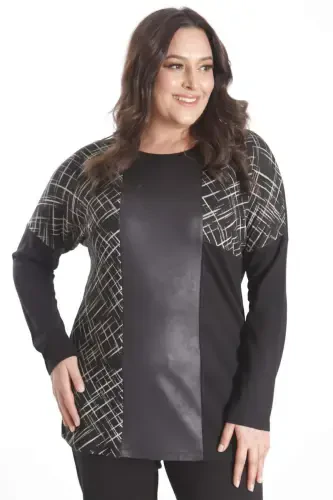Trend42plus Plus Size Faux Leather Detailed Black Blouse - 3