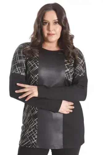 Trend42plus Plus Size Faux Leather Detailed Black Blouse - 5