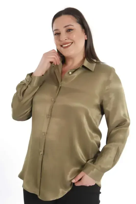Trend42plus Plus Size Floss Viscose Khaki Basic Shirt - BÜYÜKBEDENIZ