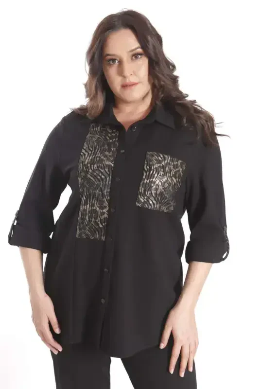 Trend42plus Plus Size Foil Print Knitted Black Shirt - BÜYÜKBEDENIZ