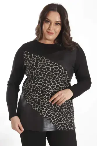 Trend42plus Plus Size Front Detailed Leather Trimmed Black Blouse - 1