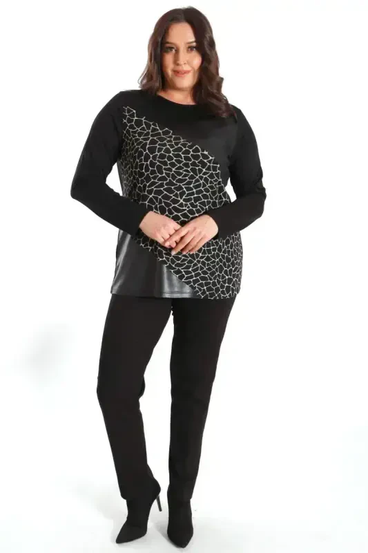 Trend42plus Plus Size Front Detailed Leather Trimmed Black Blouse - 3
