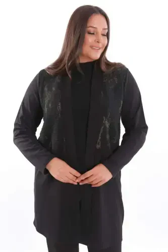 Trend42plus Plus Size Front Panel Fabric Detailed Long Black Cardigan - 3