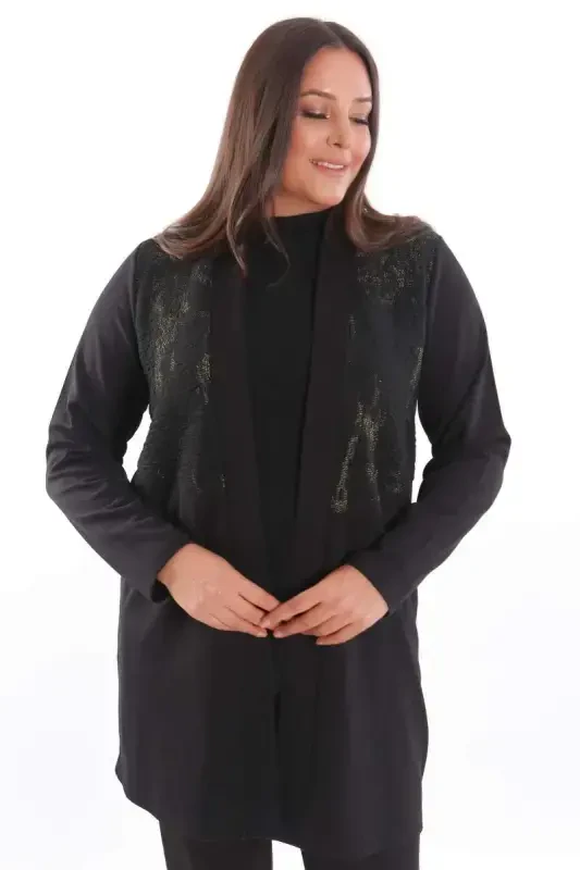Trend42plus Plus Size Front Panel Fabric Detailed Long Black Cardigan - 3