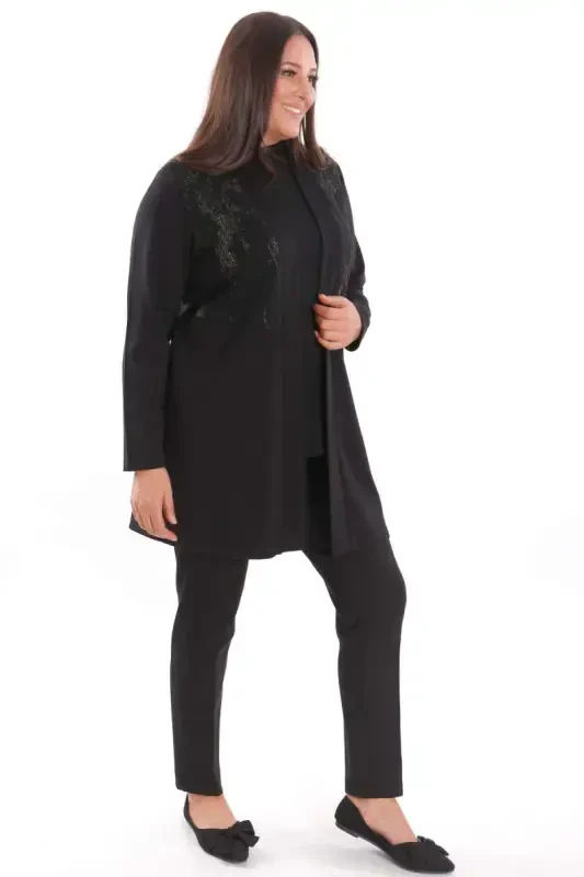 Trend42plus Plus Size Front Panel Fabric Detailed Long Black Cardigan - 5