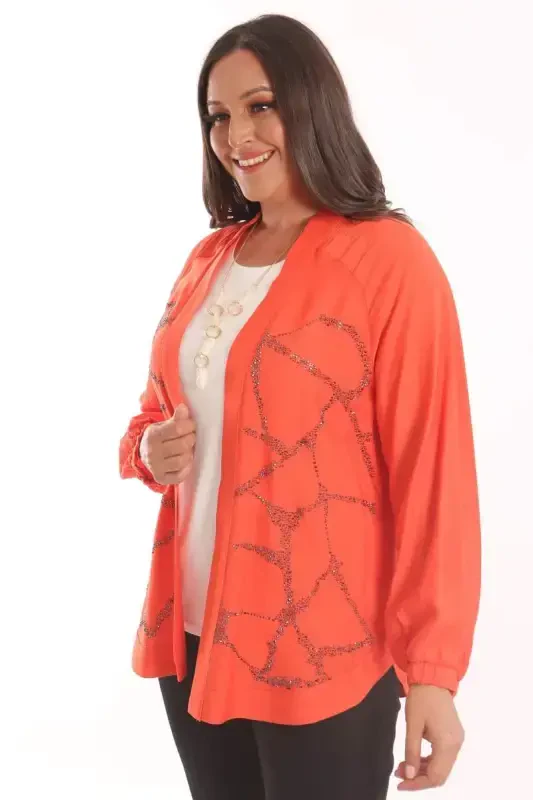 Trend42plus Plus Size Front Stone Print Orange Jacket - BÜYÜKBEDENIZ