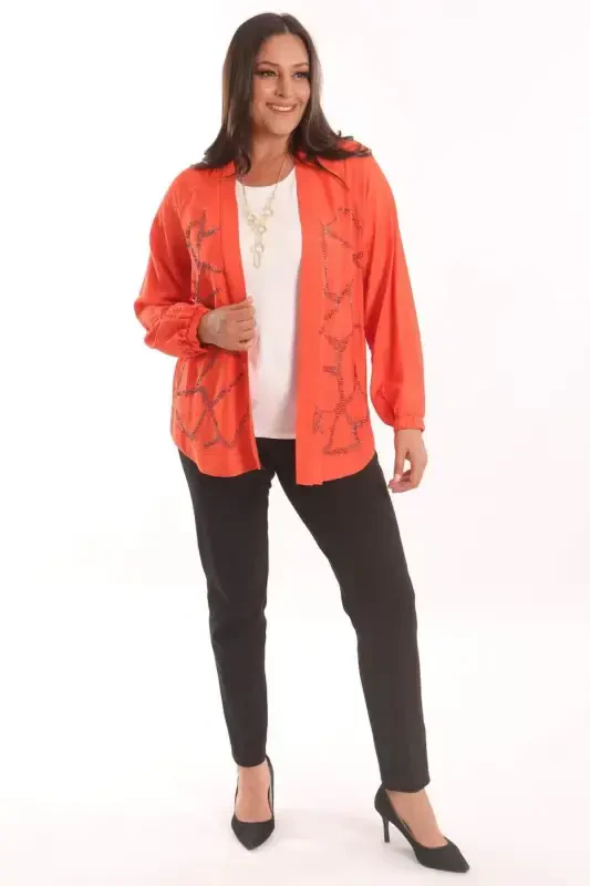 Trend42plus Plus Size Front Stone Print Orange Jacket - 2