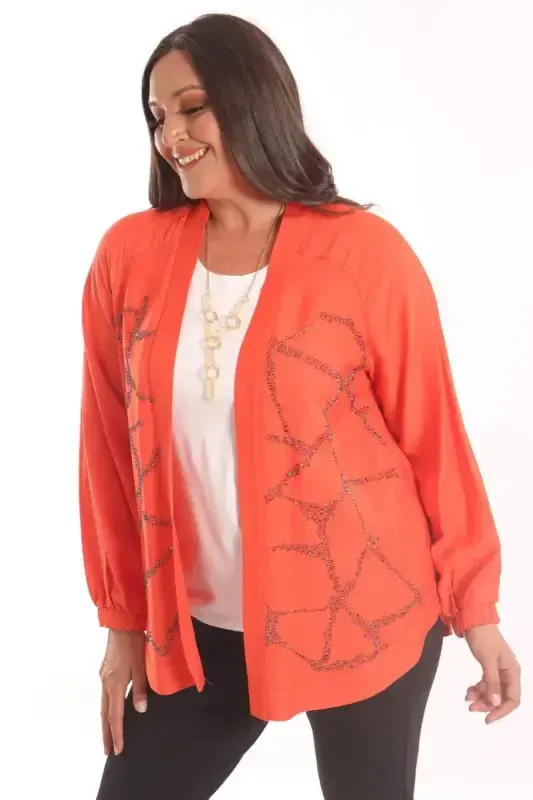 Trend42plus Plus Size Front Stone Print Orange Jacket - 3