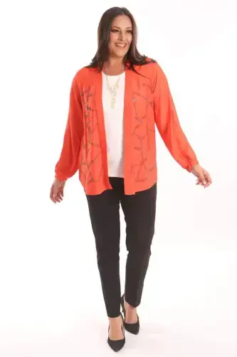 Trend42plus Plus Size Front Stone Print Orange Jacket - 4