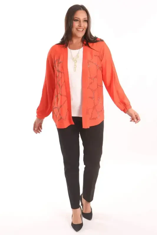 Trend42plus Plus Size Front Stone Print Orange Jacket - 4