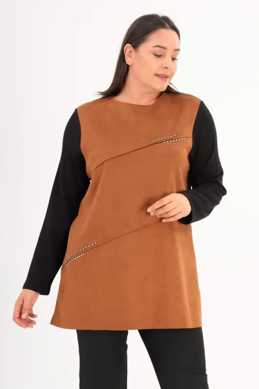 Trend42plus Plus Size Front Suede Trok Printed Brown Tunic - BÜYÜKBEDENIZ