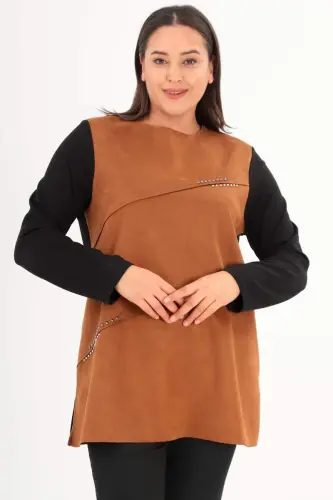 Trend42plus Plus Size Front Suede Trok Printed Brown Tunic - 3