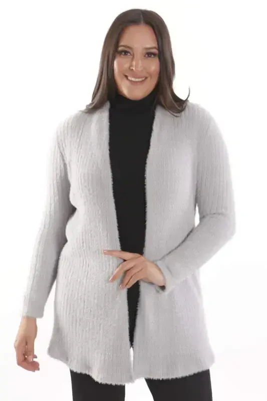 Trend42plus Plus Size Gray Self Curled Plush Cardigan - BÜYÜKBEDENIZ