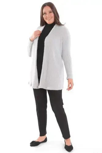 Trend42plus Plus Size Gray Self Curled Plush Cardigan - BÜYÜKBEDENIZ (1)