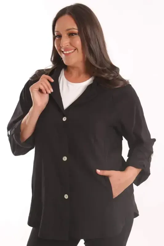 Trend42plus Plus Size Hooded Black Trench Coat with Button Detail - BÜYÜKBEDENIZ