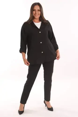 Trend42plus Plus Size Hooded Black Trench Coat with Button Detail - 2