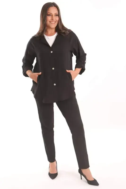 Trend42plus Plus Size Hooded Black Trench Coat with Button Detail - 4