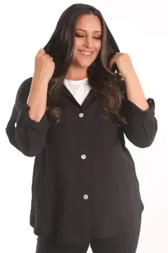 Trend42plus Plus Size Hooded Black Trench Coat with Button Detail - 5