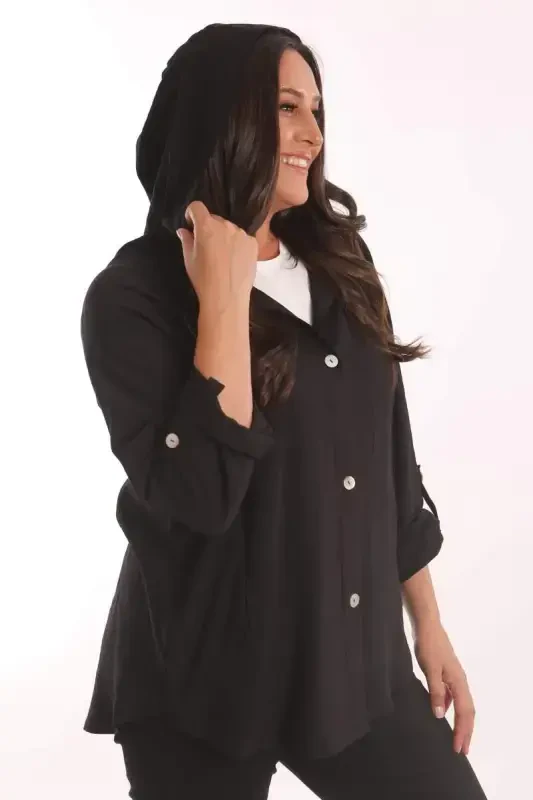 Trend42plus Plus Size Hooded Black Trench Coat with Button Detail - 6