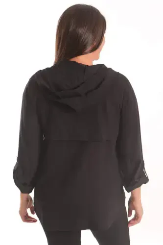 Trend42plus Plus Size Hooded Black Trench Coat with Button Detail - 7