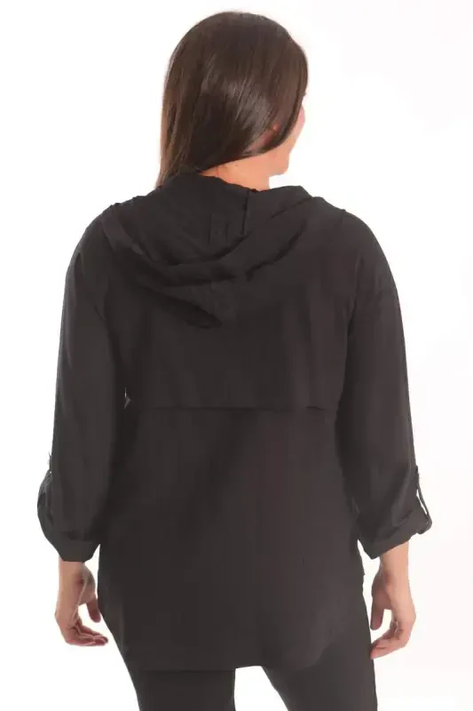 Trend42plus Plus Size Hooded Black Trench Coat with Button Detail - 7