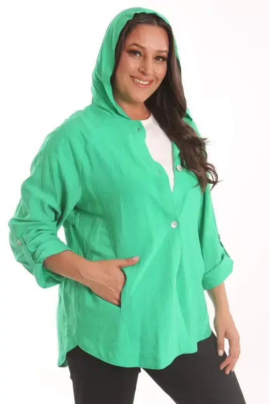 Trend42plus Plus Size Hooded Green Trench Coat with Button Details - BÜYÜKBEDENIZ