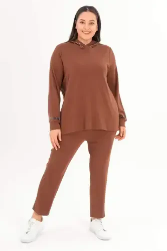 Trend42plus Plus Size Hooded Neck Sweat Pants Brown Set - 1