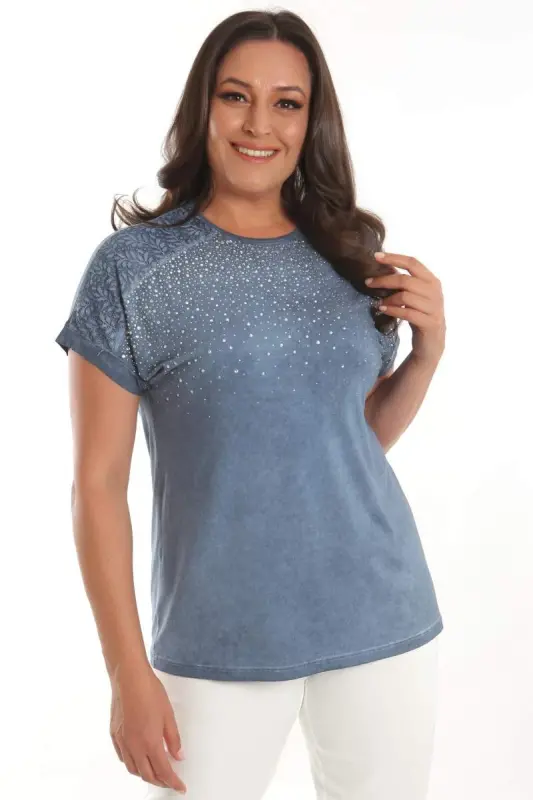 Trend42plus Plus Size Indigo Stone Print Shoulder Lace Detailed Batik Washed Blouse - 1